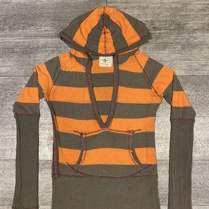 Hooded Ribbed Thermal Sweater Womens M Orange & Gray Stripes